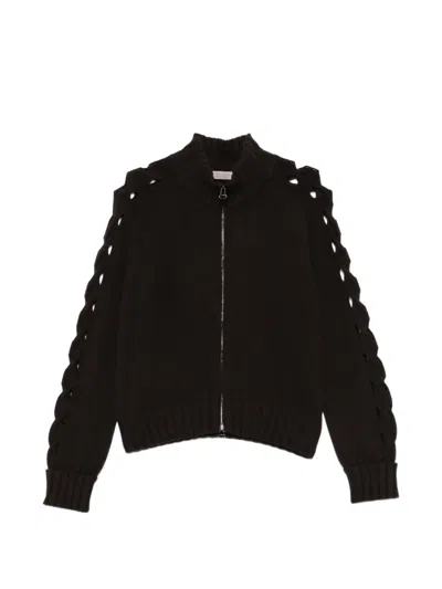 D Exterior Braided-sleeve Zip-up Sweater In Brown