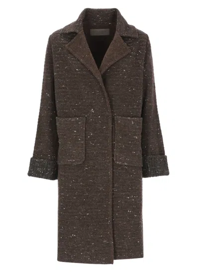D Exterior Brown Micro Sequins Classic Lapel Wool Coat In Multi