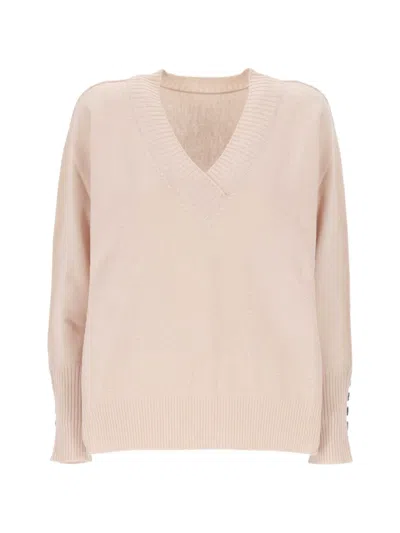 D Exterior Button-cuff V-neck Sweater In Pink