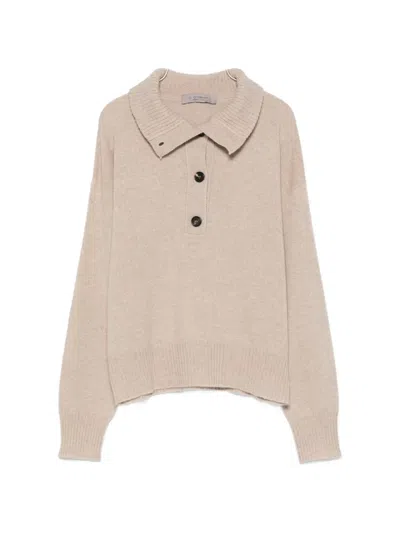 D Exterior Button-down Polo-collar Sweater In 뉴트럴