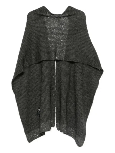 D Exterior Textured Grey Knit Cardigan With Draped Silhouette In Gray