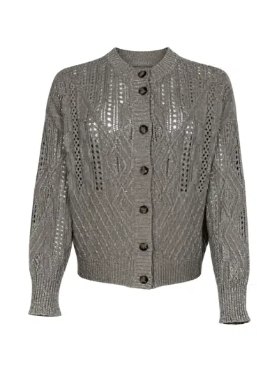 D Exterior Cable-knit Pointelle Cardigan In Gray