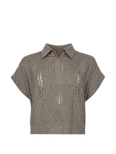 D Exterior Cable-knit Polo Shirt In Gray