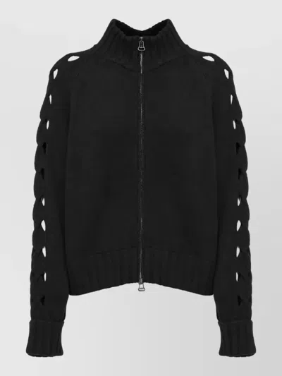 D Exterior Cashmere Wool High Neck Long Sleeve Ribbed Cardigan In Black