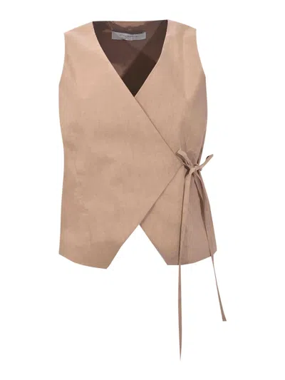 D Exterior Stretch Linen Wrap Vest In Brown