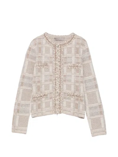 D Exterior Checked Bouclé-trim Cardigan In Brown