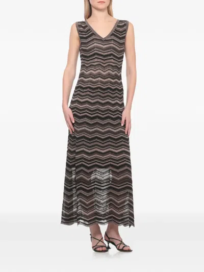 D Exterior Chevron-knit V-neck Maxi Dress In Brown