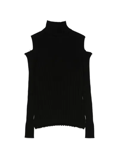 D Exterior Cold-shoulder Ribbed Sweater In Black