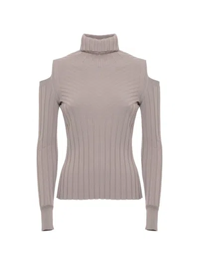 D Exterior Cold-shoulder Ribbed-knit Long-sleeve Top In Metallic