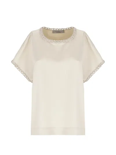 D Exterior Crochet-trim Satin T-shirt In Neutral