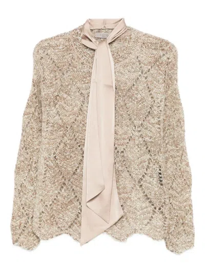 D Exterior Tie-neck Openwork Sweater In Neutral