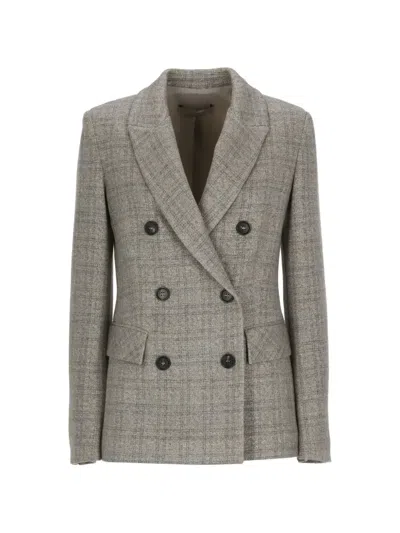 D Exterior Double-breasted Checked Blazer In Gray