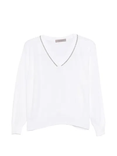 D Exterior Embellished V-neck Sweater In White