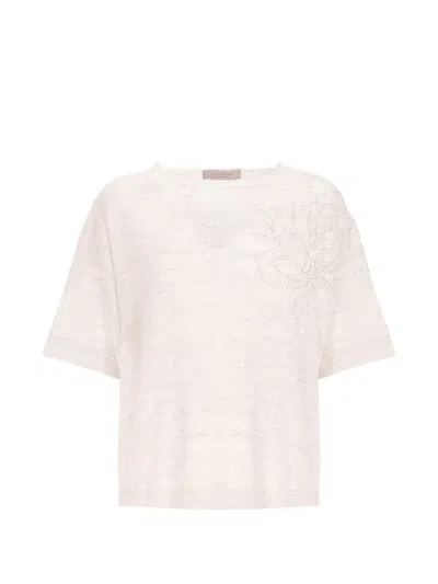 D Exterior Floral-embroidered V-neck T-shirt In Neutral