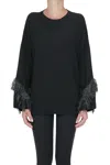 D Exterior Fringed Sleeves Pullover In Black