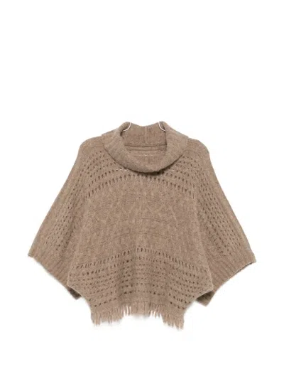 D Exterior Fringe-trim Open-knit Sweater In 브라운