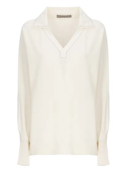 D Exterior Ivory Embellished Viscose Long-sleeve Polo Shirt In Neutral