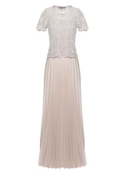 D Exterior Ivory Viscose Midi Dress With Knit Sequin Top And Pleated Satin Skirt In Neutral