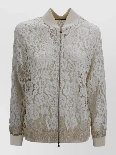 D Exterior Lace Bomber Jacket Round Neck Scalloped Hem In Neutral