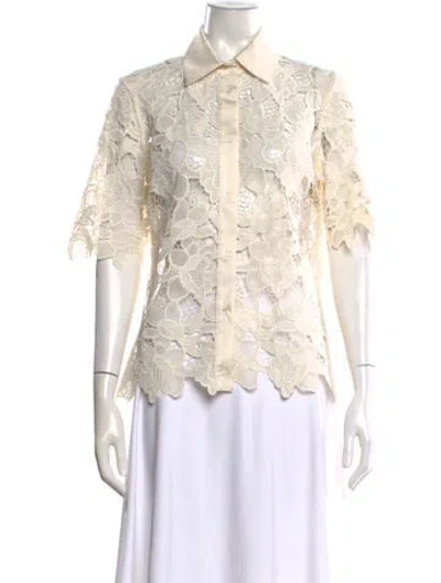 Pre-owned D Exterior Lace Pattern Short Sleeve Button-up Top In Neutral