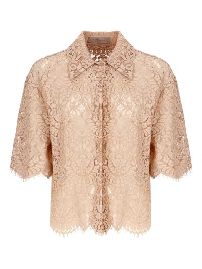 D Exterior Lace-pattern Short-sleeved Shirt In Brown