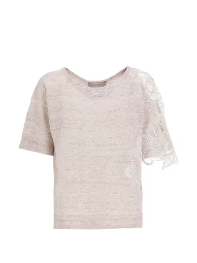 D Exterior Lace-appliqué Fine-knit T-shirt In White