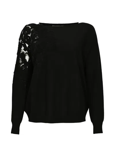 D Exterior Lace-detail Round-neck Sweater In Black