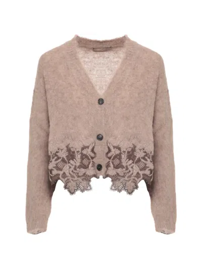 D Exterior D.exterior Lace Trim Cropped Cardigan In Brown