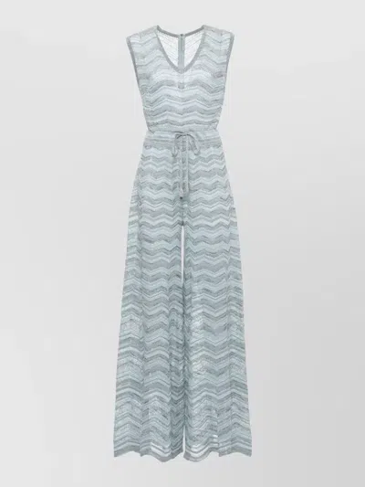 D Exterior Lurex Chevron Sleeveless Jumpsuit Waist Tie In Blue