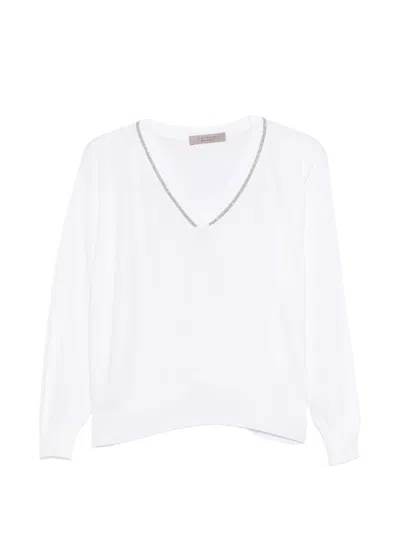 D Exterior White V-neck Full Sleeves Sweater