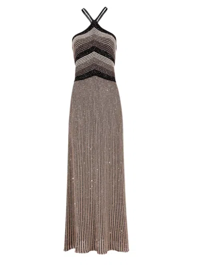 D Exterior Maxi Dress With Crossed Straps And Sequined Stripes In Brown