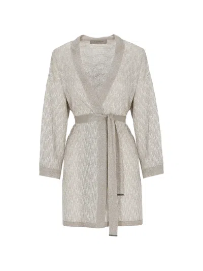 D Exterior Metallic-thread Belted Cardigan In Gray