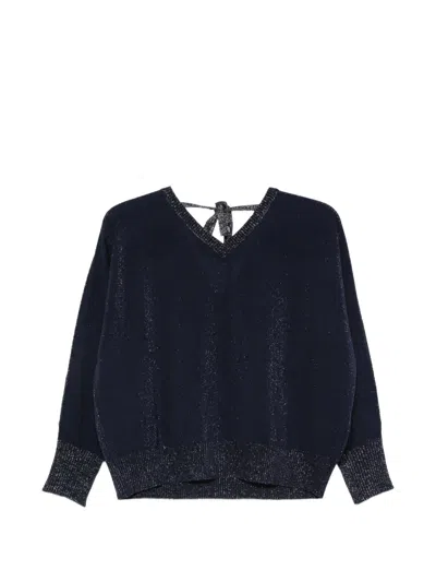 D Exterior Metallic-thread Tie-fastening Sweater In Blue