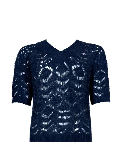 D Exterior Open-knit V-neck Sweater In Blue