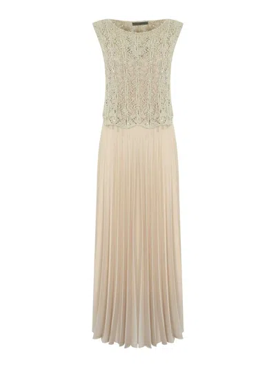 D Exterior Pleated Midi Dress With Sequins In Neutral