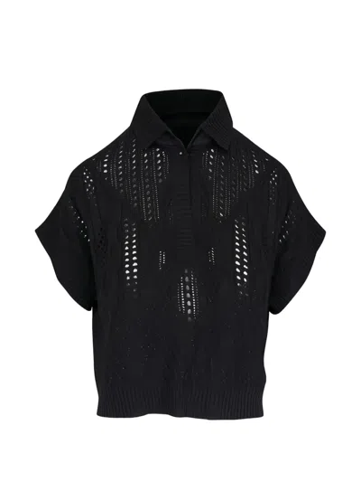 D Exterior Pointelle-knit Short-sleeve Sweater In Black