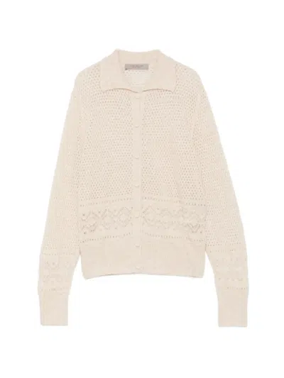 D Exterior Pointelle-knit Spread-collar Cardigan In Gold