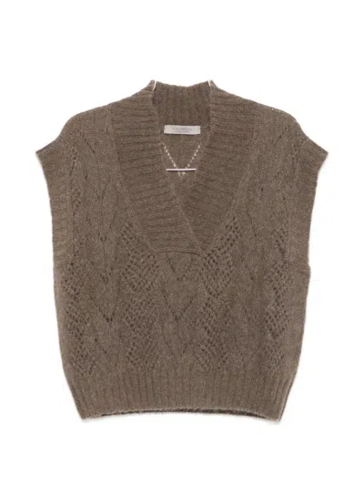 D Exterior Pointelle-knit V-neck Sweater In 브라운
