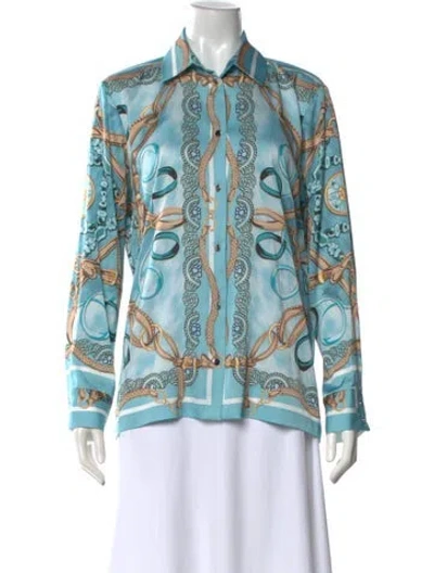 Pre-owned D Exterior Printed Long Sleeve Button-up Top In Blue