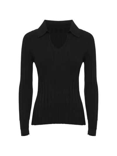 D Exterior Ribbed V-neck Long-sleeve Sweater In Black