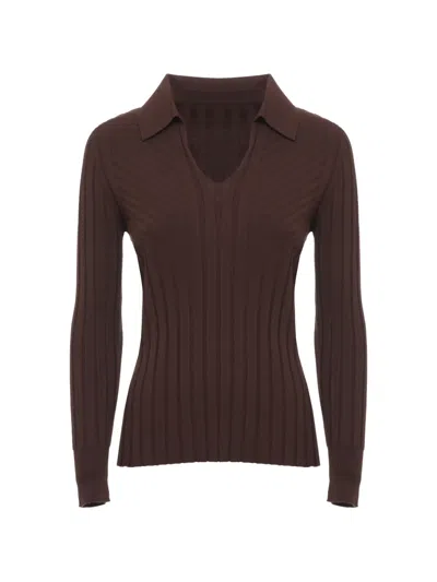 D Exterior Ribbed V-neck Long-sleeve Sweatshirt In Brown
