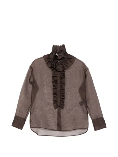 D Exterior Ruffled Sheer Shirt In Brown