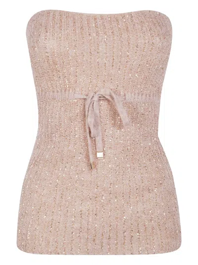 D Exterior Sequin-embellished Drawstring Knitted Top In Pink