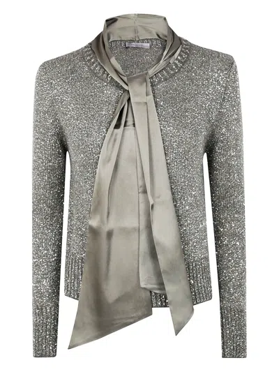 D Exterior Sequin-embellished Tie-neck Sweater In Gray