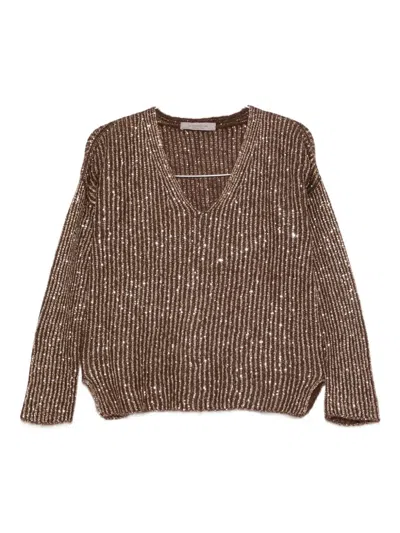 D Exterior Sequin-embellished V-neck Sweater In Brown