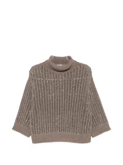 D Exterior Sequin-embellished Open-knit Sweater In Brown