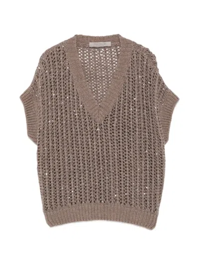 D Exterior Sequin-embellished Open-knit Sweater In Brown