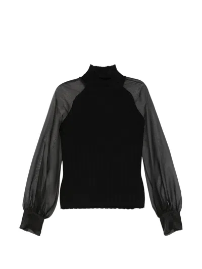 D Exterior Sheer-sleeve Ribbed-knit Sweater In Black