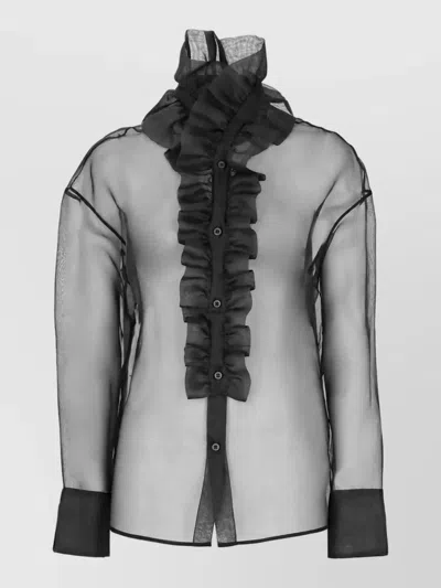 D Exterior Silk Long-sleeve Blouse In Black