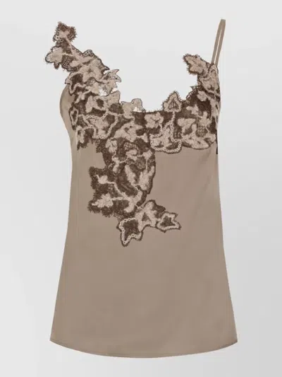 D Exterior Sleeveless Lace Trim Top In Brown